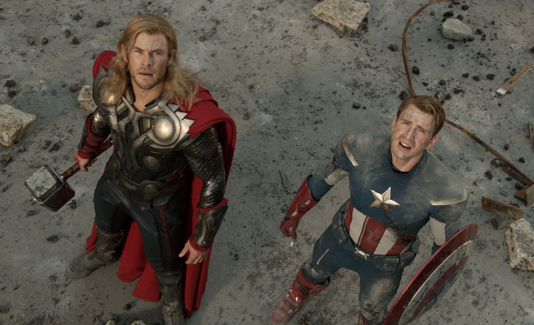 Chris Hemsworth and Chris Evans looking up - The Avengers